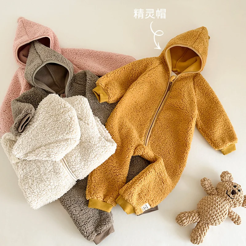 Baby Fleece Romper 2026 Autumn Winter Hooded Warm Jumpsuit Toddler Boy Girl Cozy Onesie Zip Up Outfit