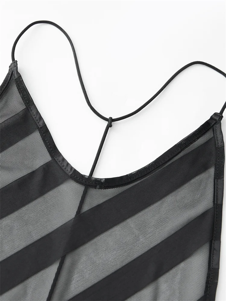 CHRONSTYLE Women Mesh Sheer See Through Dress Backless Spaghetti Strap Striped Long Maxi Dress Sleepwear Lingerie Vestidos 2025