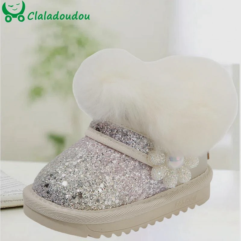 2024 Bling Bling Snow Boots For Baby's girl With Big Cute Flower,Beige Pink Warm Fur Warm Plush Winter Shoes For Toddler Woman