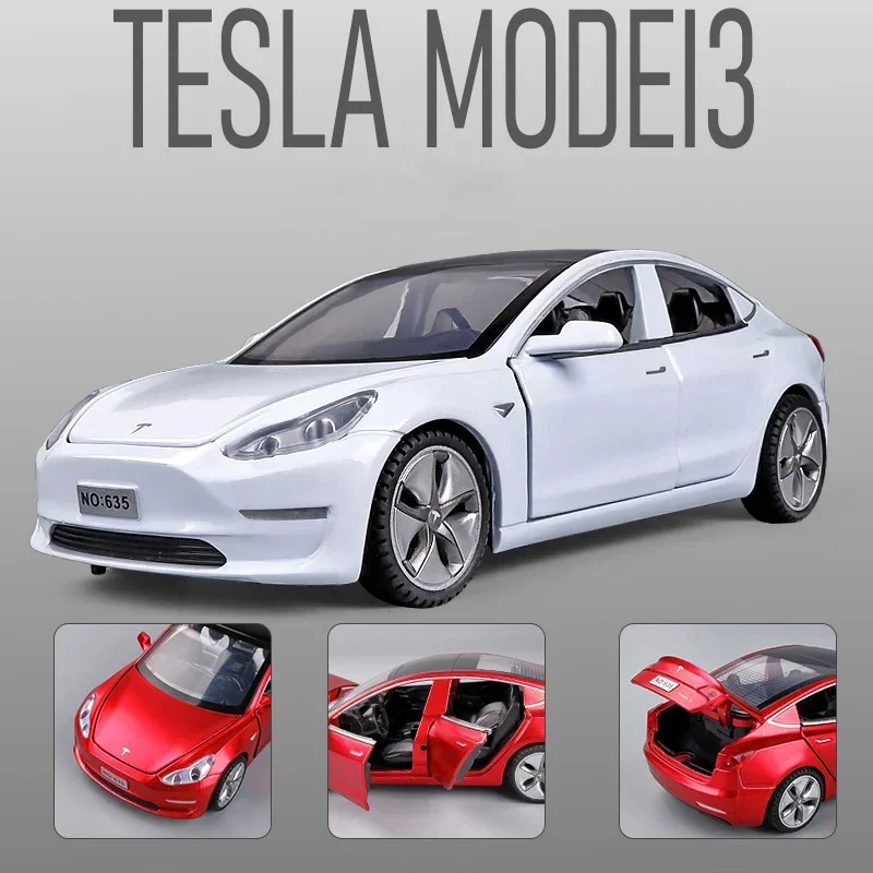 1:24 Tesla Model 3 Alloy Car Model Diecasts Metal Toy Vehicle Car Model High Simulation Sound Light Collection Kids Toy Gift