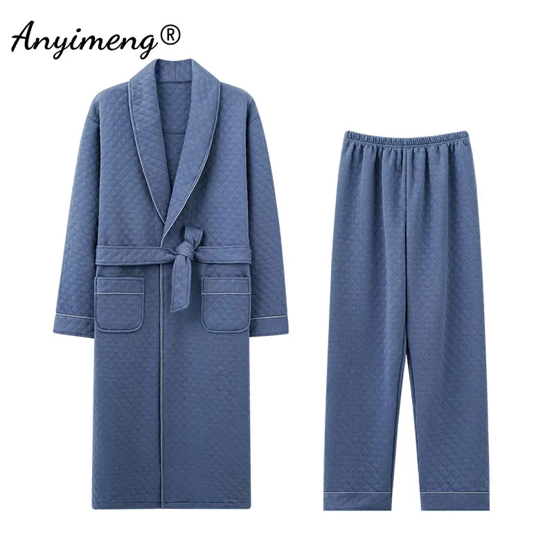 New Autumn Winter Mens Robe Set Black Plain Robe+Pants 2pcs for Men Big Size 4XL Three Layer Cotton Pajamas Set Luxury Sleepwear