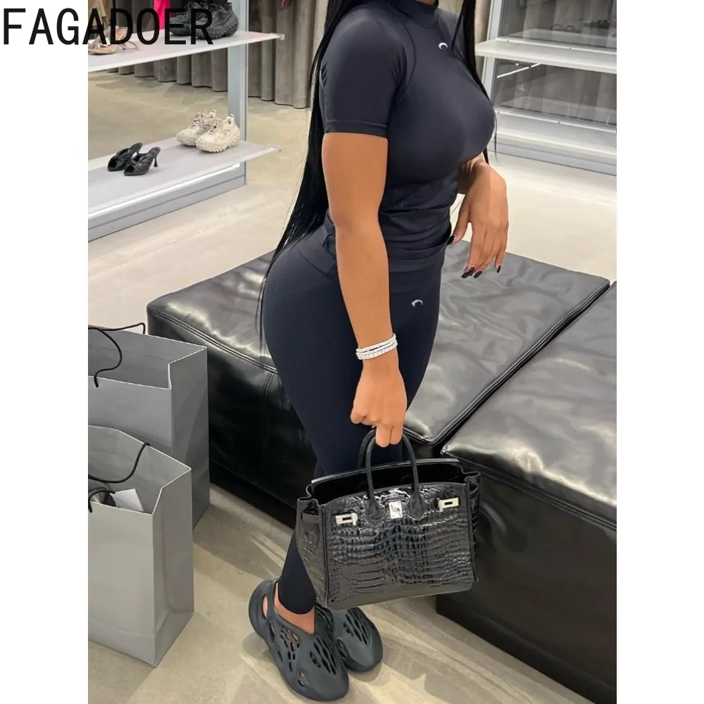 

FAGADOER Black Casual Printing Sporty Two Piece Sets Women O Neck Short Sleeve Top + Skinny Pants Outfits Female 2pcs Tracksuits