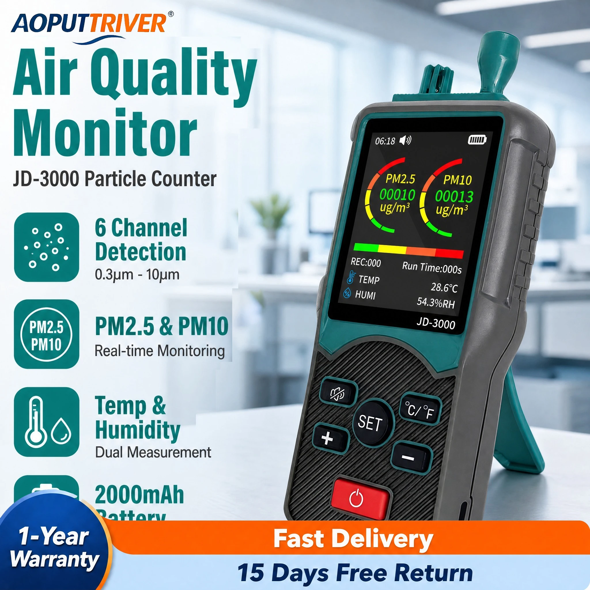 JD‑3000 Handheld Dust Particle Counter PM2.5 PM10 Detector 0.3‑10μm Particle Size Tester Clean Room Air Quality Analyzer