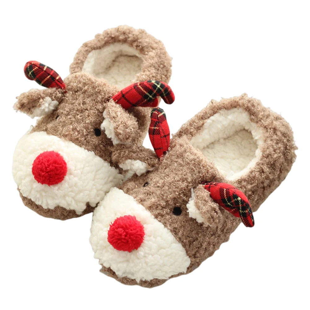

Christmas Elk Plush Slippers Warm Slip-on House Shoes Comfortable Flat Thermal Slippers Cute Animal Slippers for Indoor Bedroom