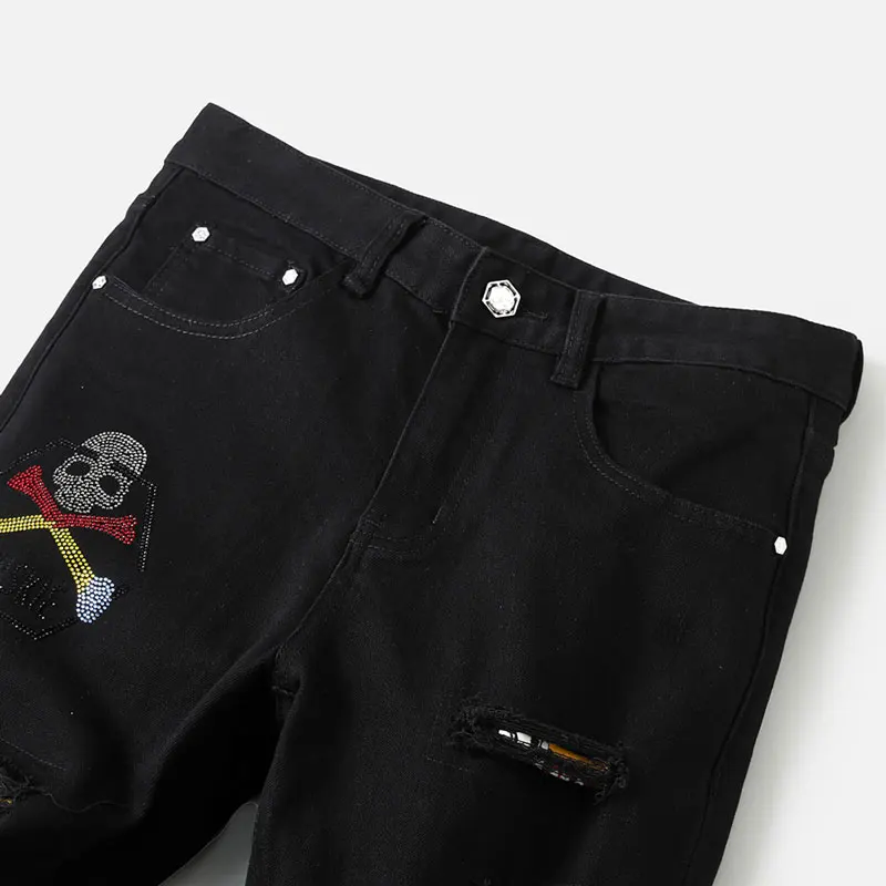 Y2K Fashion New Men's Jeans Skull Pattern Nostalgic Elastic Slimming Water Washed Black Jeans Italian Casual Pants Hombre