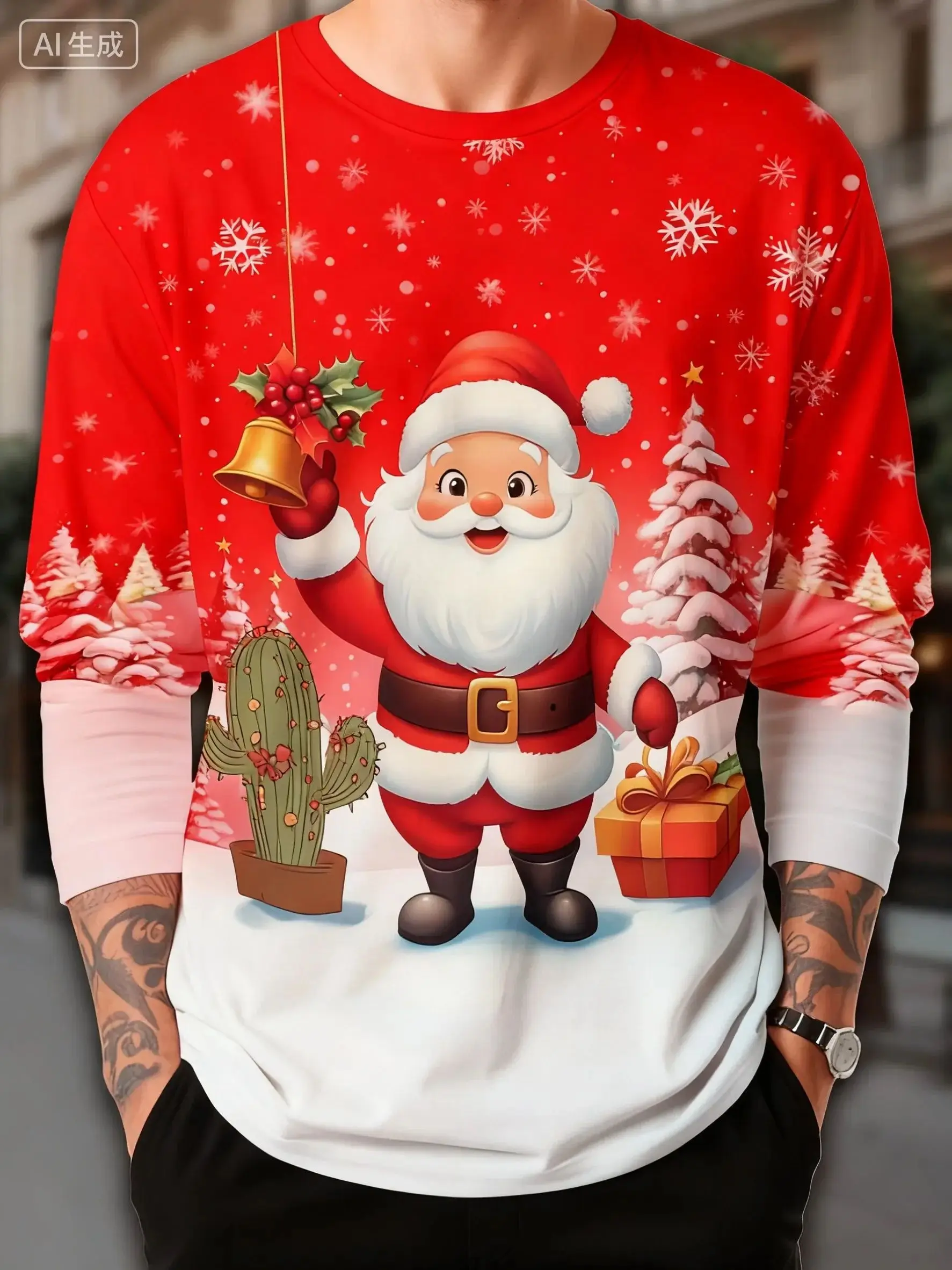

Men's Santa Claus 3D printed long sleeved T-shirt for autumn and winter casual sports round neck T-shirt, Christmas wreath