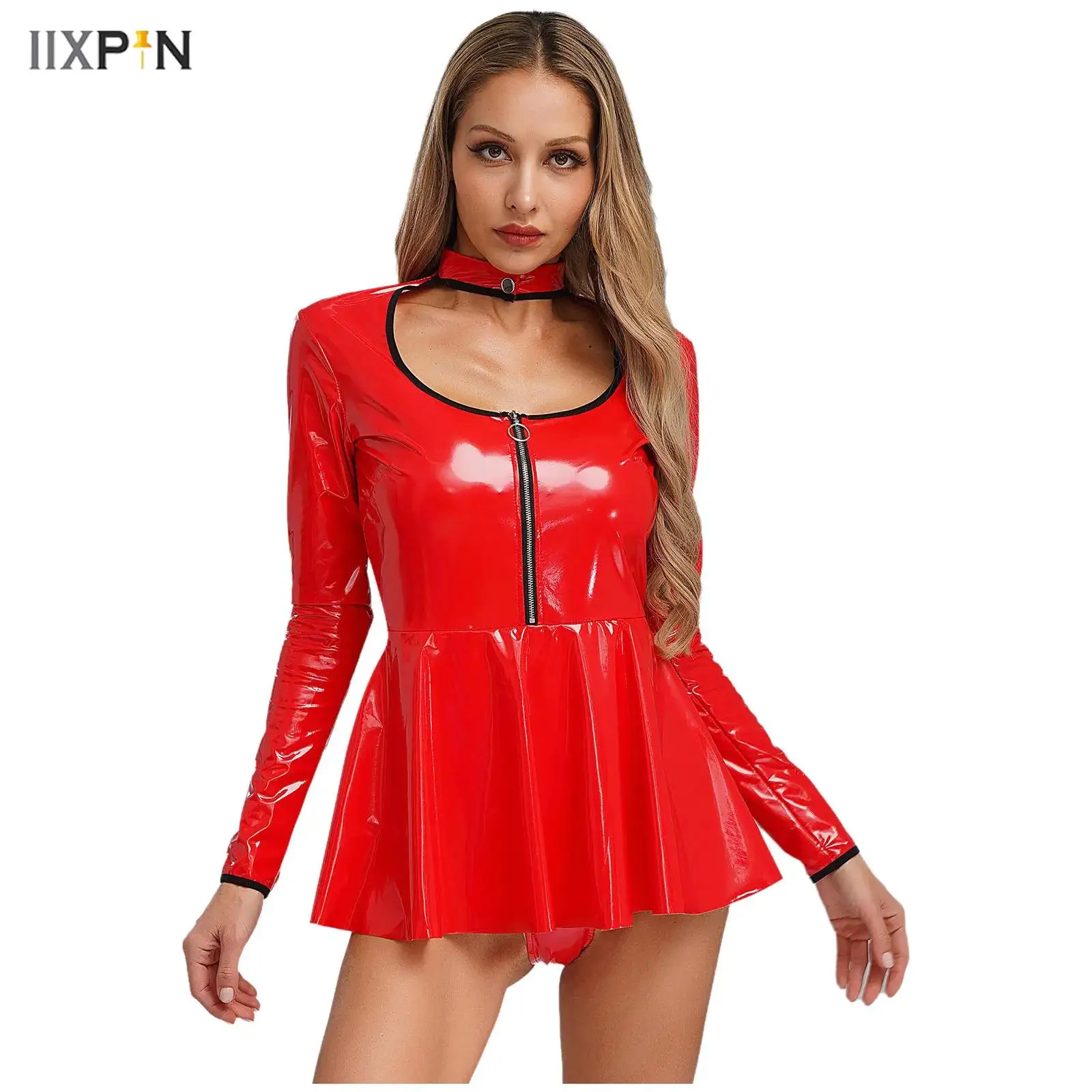 Women Wet Look Patent Leather Dress Glossy Metallic Sexy Lingerie Mock Neck Long Sleeve Cut Out Dress Bodysuit Pole Dance Dress