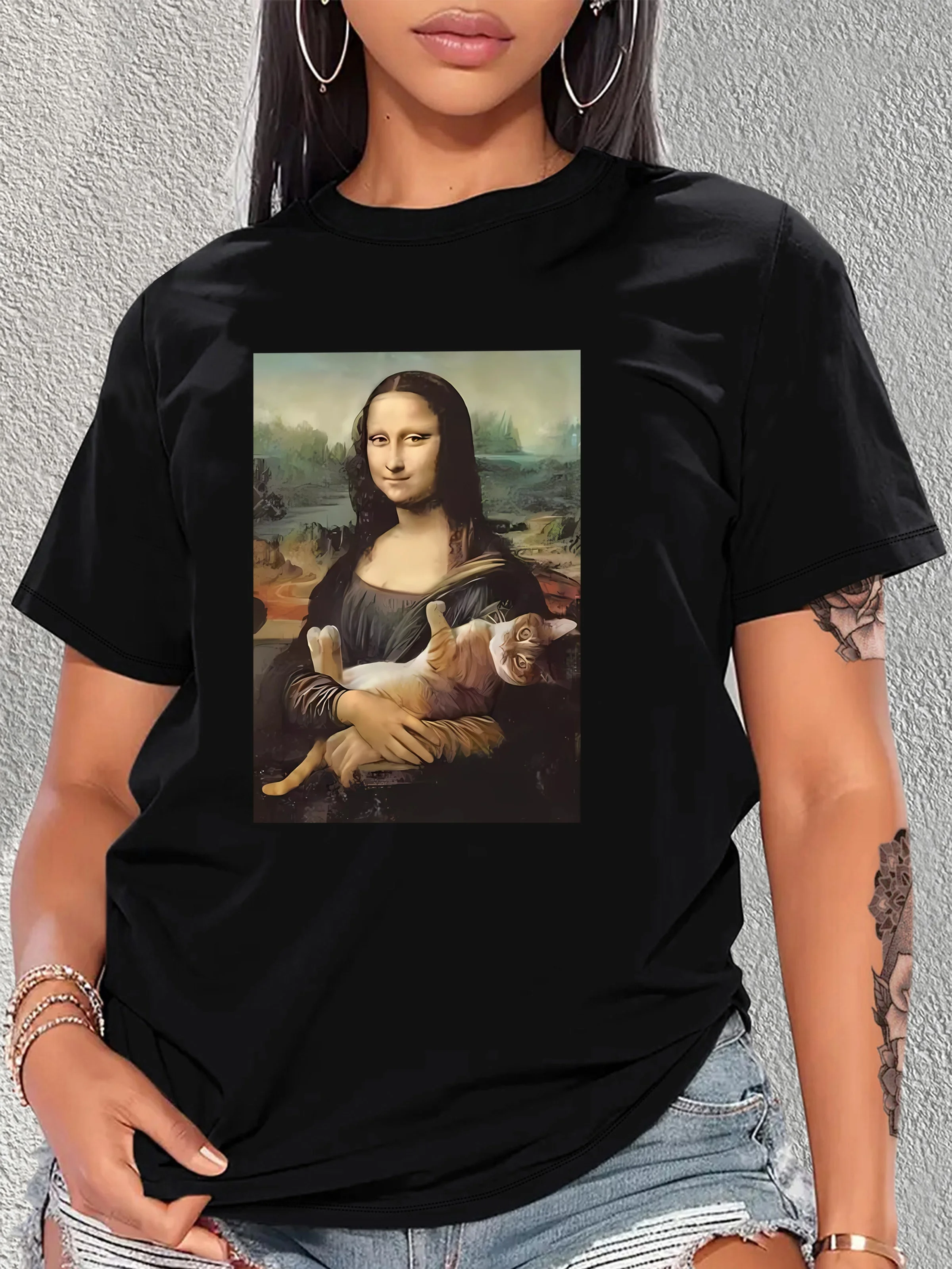Camiseta casual de manga corta para muje- Pintura al óleo Lisa y gatito Estampado artístico Cuello redondo negro Mujer Harajuku
