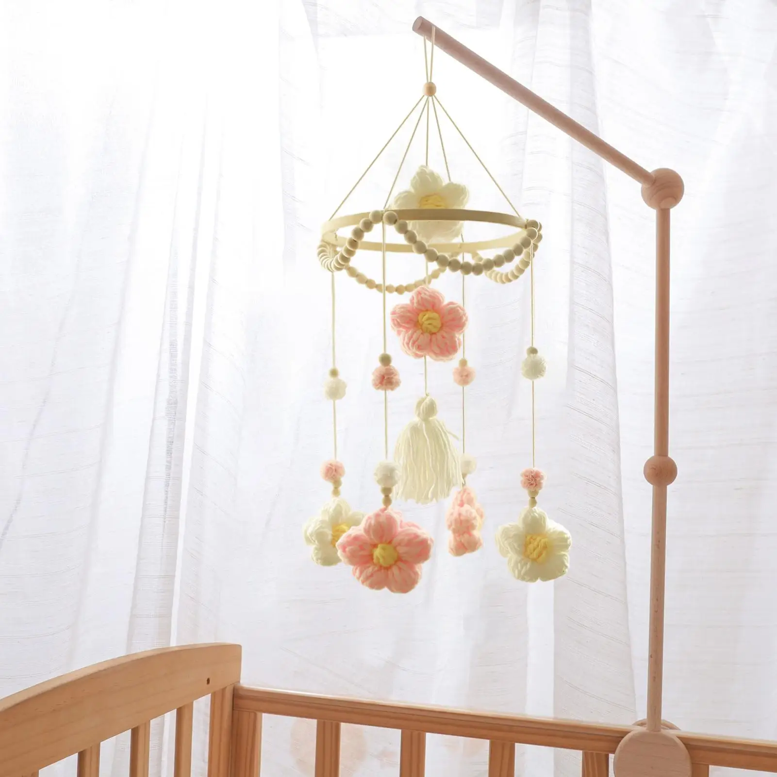 Toddler Crib Mobile Woven Flower Crib Mobile Boys Girls Soother Rotating Colorful Decoration For Wall Bassinet Home Bedroom