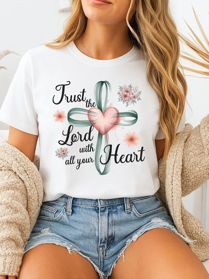 Trust The Lord With All Your Heart Shirt Proverbs 3 5 Bible Verse Graphic Tees Floral Cross Christian Shirts For Women