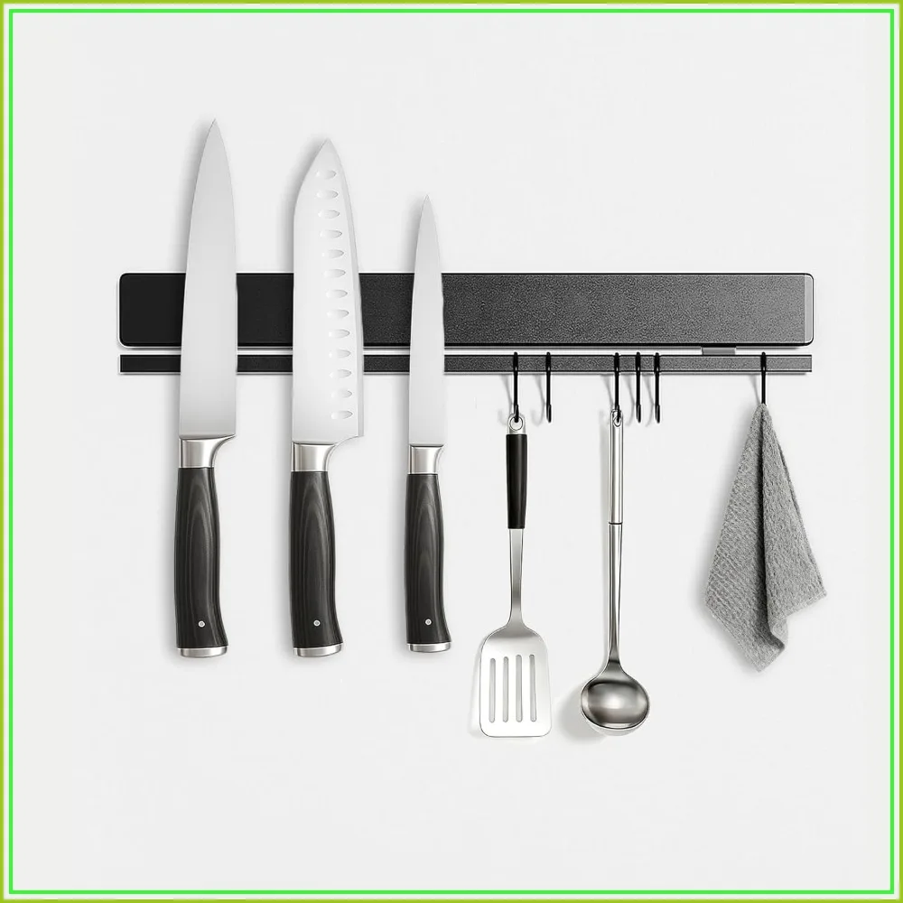 

12 Inch Magnetic Knife Holder, 304 Stainless Steel Double Rods with 6 Hooks, No-Drill Adhesive & Screws Wall Mount