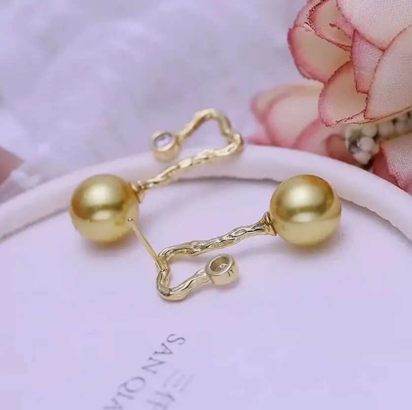 elegant pair of 9-10mm round south sea gold pearl dangle earring 925s
