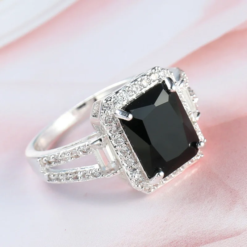 Real 925 Sterling Silver Ring For Women Black Zircon Stone Ring For Women Romantic Gift Engagement Jewelry Anillos Mujer