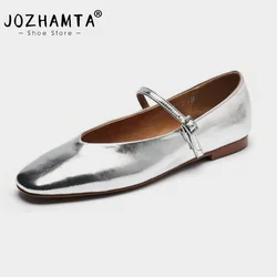 JOZHAMTA Size 34-43 Women Ballet Flats Shoes Soft Real Leather 2025 Ins Silver Buckle Strap Casual Low Heels Wedding Dress Shoes