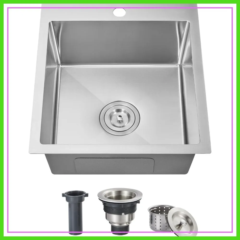 

17x19x8 Inch Drop In Bar Sink, Single Bowl 304 Stainless Steel, Top Mount Kitchen Prep Sink with 1 Hole, Brushed