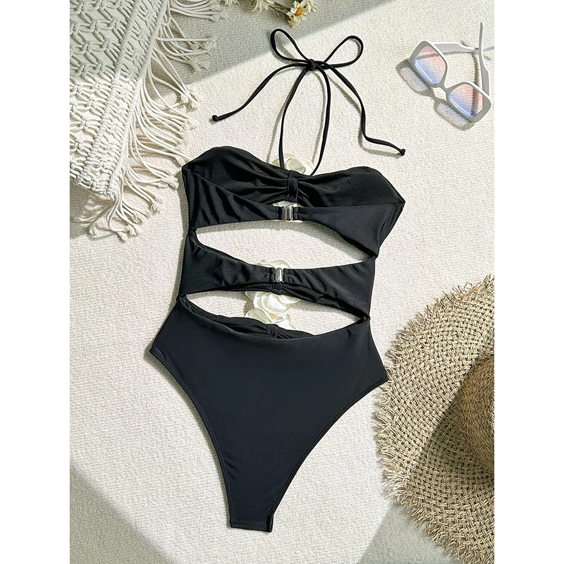 Sexy Black Halter One Piece Swimsuit Women Cutout Monokini with 3D Flower Design Trendy Beachwear for Summer Holiday Vacation