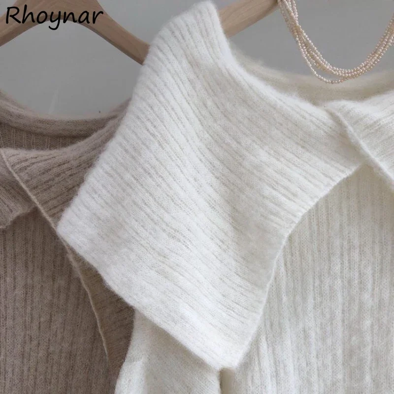 Slash Neck Pullover Women Spring Autumn Loose Solid Elegant Soft Back Slit Knitting Sweater Simple Office Lady Stylish Ins Daily