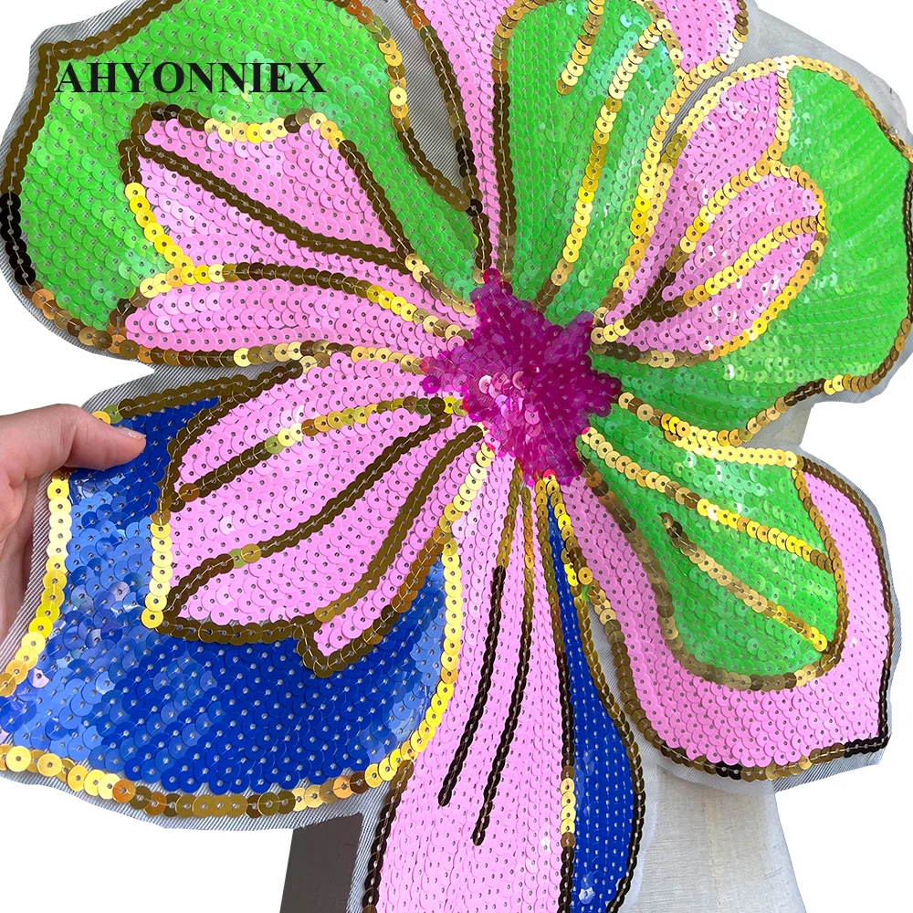 39.5CM X 43CM Large Colorful Flower Embroidery Patch Sequin Patches For Clothing Appliques Sew On Patches