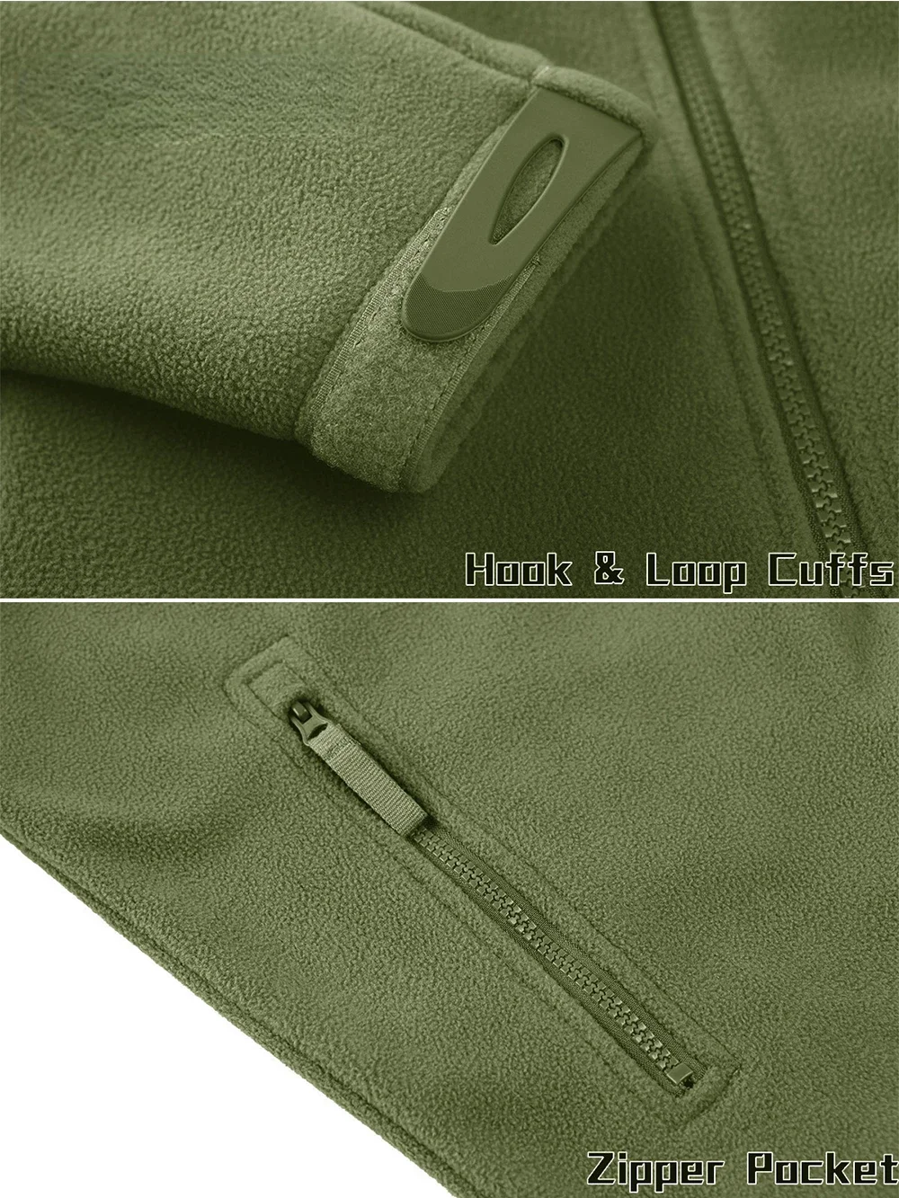 Full Zip Up Green Fleece Jacket Thermal Warm Work Coats Mens Zipper Pockets Jacket Hiking Training Outwear Windbreaker