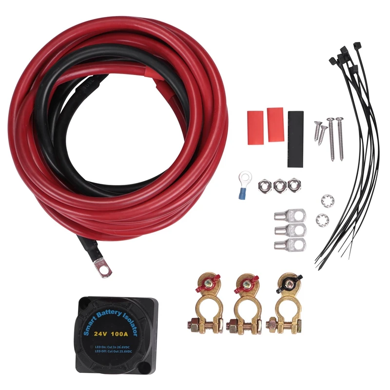 Kit de aislador de batería Dual, aislador de batería inteligente impermeable con Cable de cableado para coche, RV, UTV, barco, autocaravana, 24V, 140A