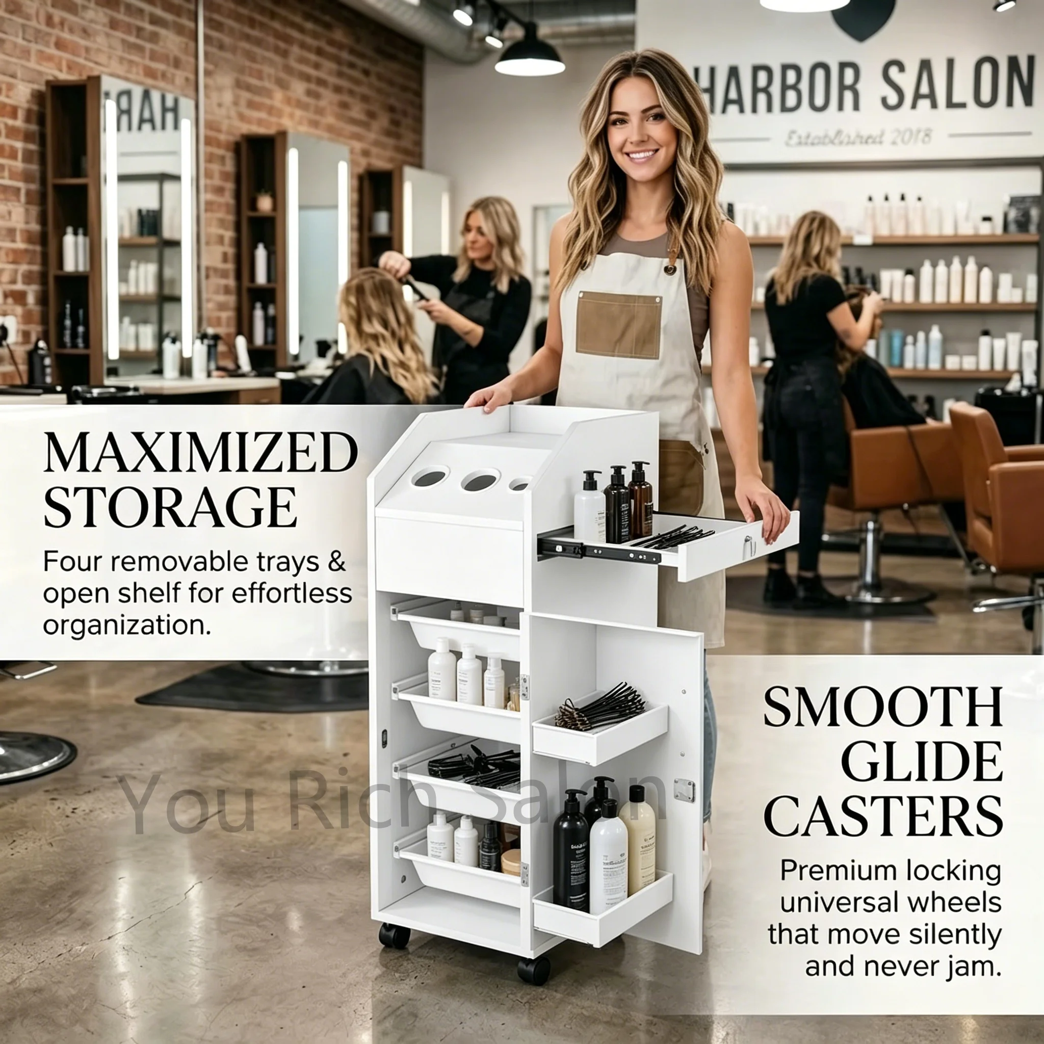 Salon Trolley,Premium Lockable White Wooden Salon Trolley Silent Wheels Gold Handle Hair Dryer Storage Rolling Cart For Barbersh