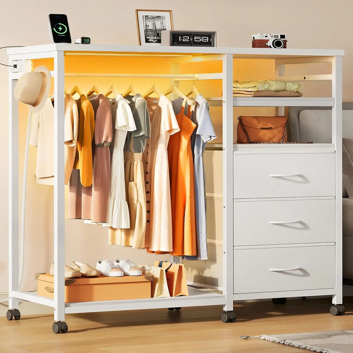 

White Dresser with Hanging Rack for Bedroom, 3 Drawer Dresser with LED Lights & Charging Station, Fabric Dressers & Chest of