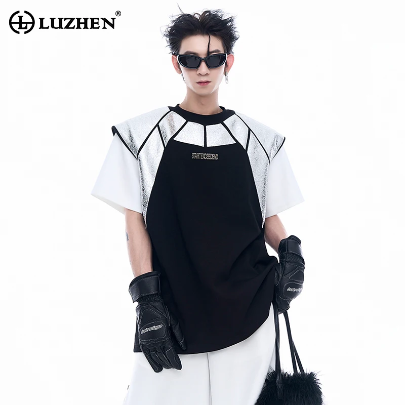 

LUZHEN Original Fashion Patchwork Leather Design Short Sleeve T Shirts Fashion Men's Tops Korean High Quality Clothing LZ4425