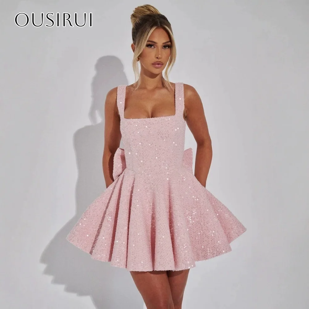 

Sequined A-line Spaghetti Straps Cocktail Dresses Sleeveless Bow Back Customized платье на выпускной