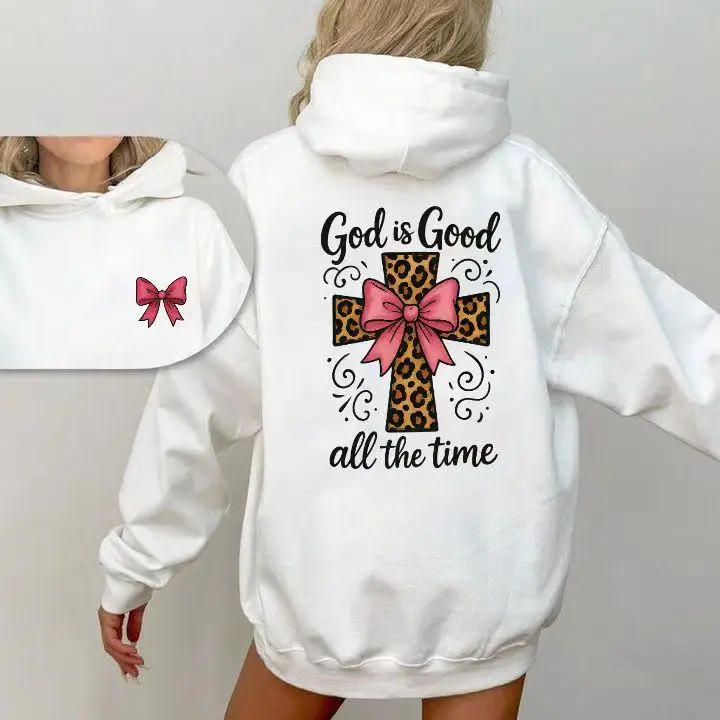 

God is Good All the Time Hoodie, Women's Christian Faith Sweatshirt, Leopard Print Cross Pullover, Cute Back Graphic Jumper