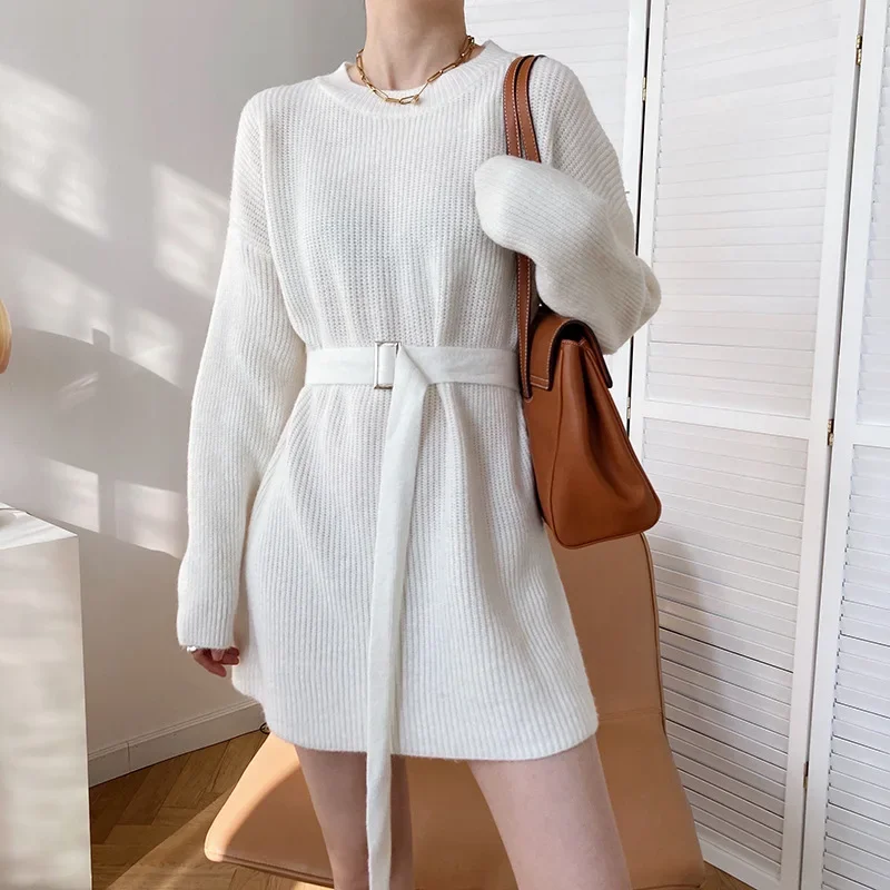 

New Simple Autumn Winter Women Chic Koean Long Sweater Brown Solid Knit Pullover Ladies Top Elegant Fashion Sweaters Dress