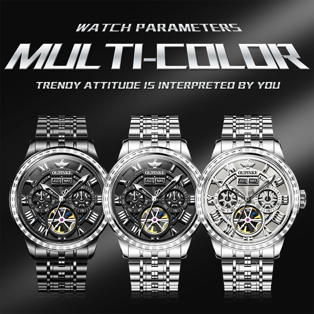 OUPINKE High Quality Brand Men\'s Watches Multifunctional Hollow Out Automatic Mechanical Watch Diamond Dial Sapphire Waterproof