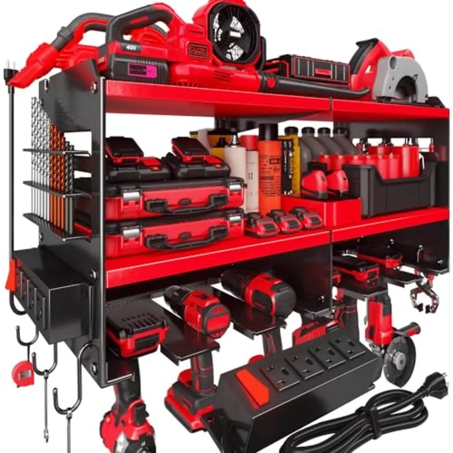 

Heavy Duty Power Tool Organizer Wall Mount with Charging Station 20 lb Capacity 3-Tier Storage Rack Holds Drills Side for Screw