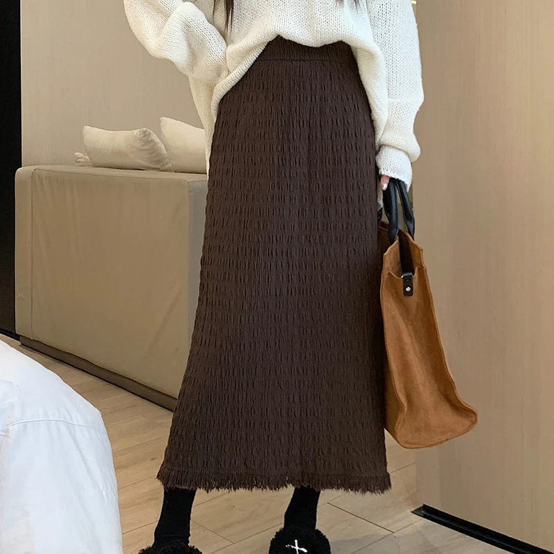 

Fashion Raw Edged Skirts Women 2025 Spring Autumn New Folds Long A-Line Skirt for Woman Elastic High Waist Skirts Mujer