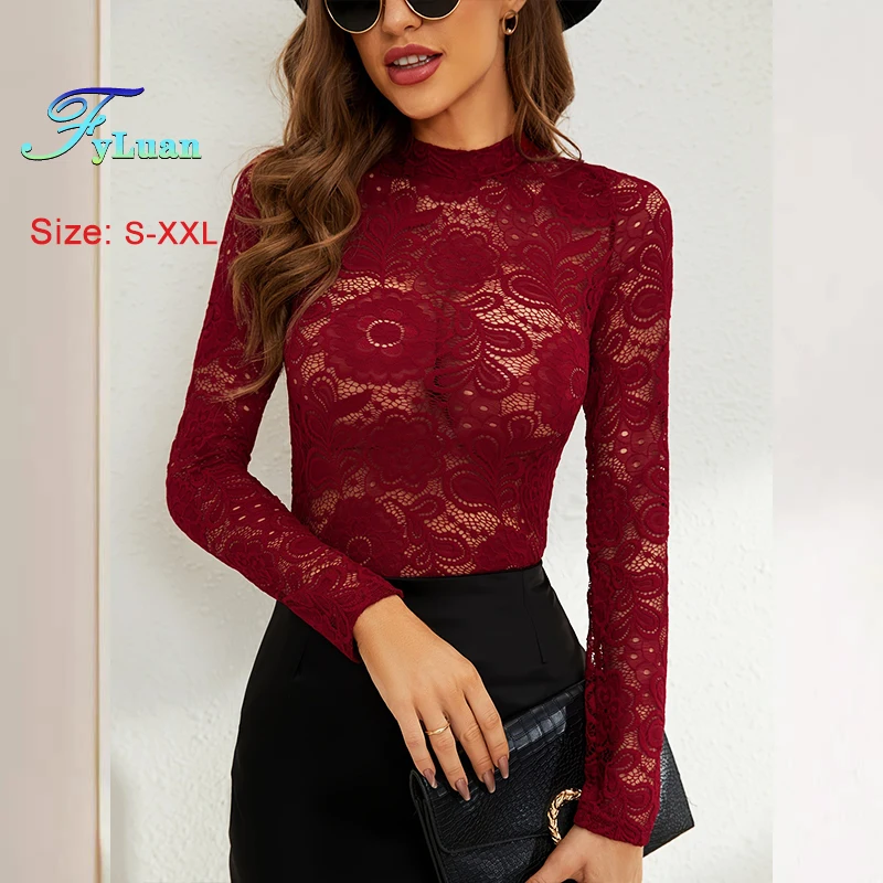 بلوزات نسائية من الدانتيل بأكمام طويلة مثيرة شبه منظور وياقة واقفة صغيرة وطبقة أساسية للتخسيس بلوفر متعدد الاستخدامات بلون سادة