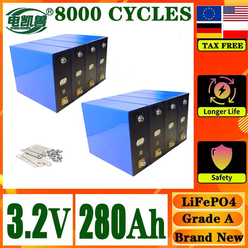 Brand New A-Grade 280Ah 8000 cycle LiFePO4 3.2V rechargeable battery suitable for DIY 12V 24V RV electric vehicle solar system