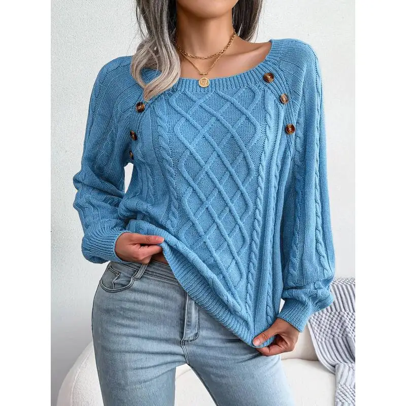 

Women's Casual Square Collar Button Long Sve Knitted Pullover Low Waist orts Bamboo Fiber Spring Season Faion