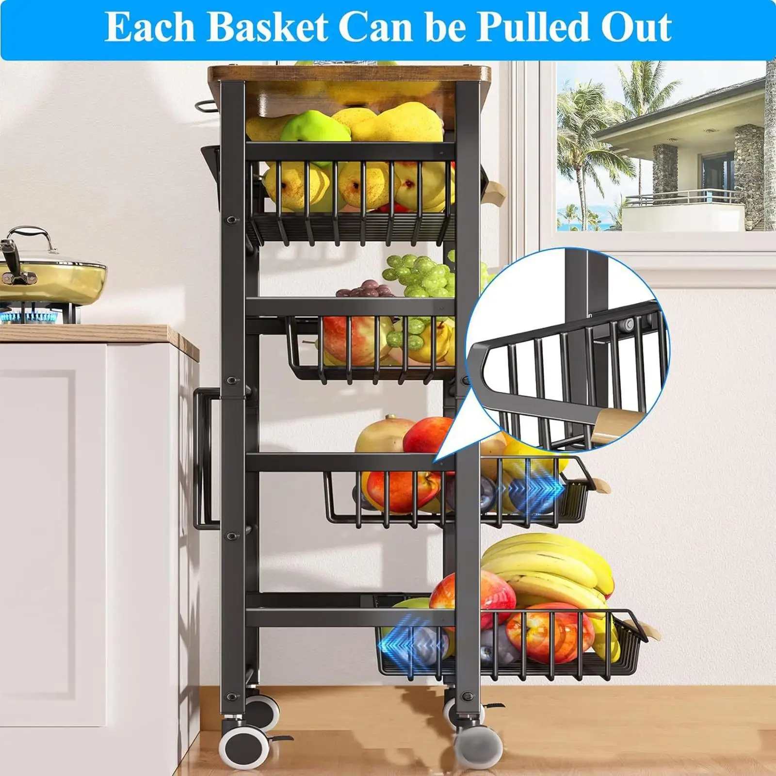 5 Tier Rolling Utility Cart Black Large Capacity for Home Kitchen Bathroom