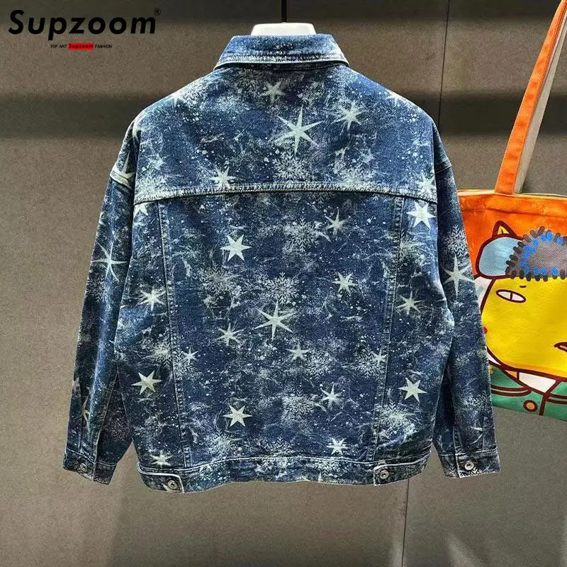 Supzoom 2023 New Arrival Top Fashion Men Casual Denim Jeans Single Breasted Cotton Print Turn-down Collar Short Bomber Jacket