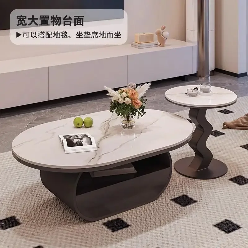 Rock slab Italian oval coffee table light luxury living room simple household high-grade cream new modern small apartment table