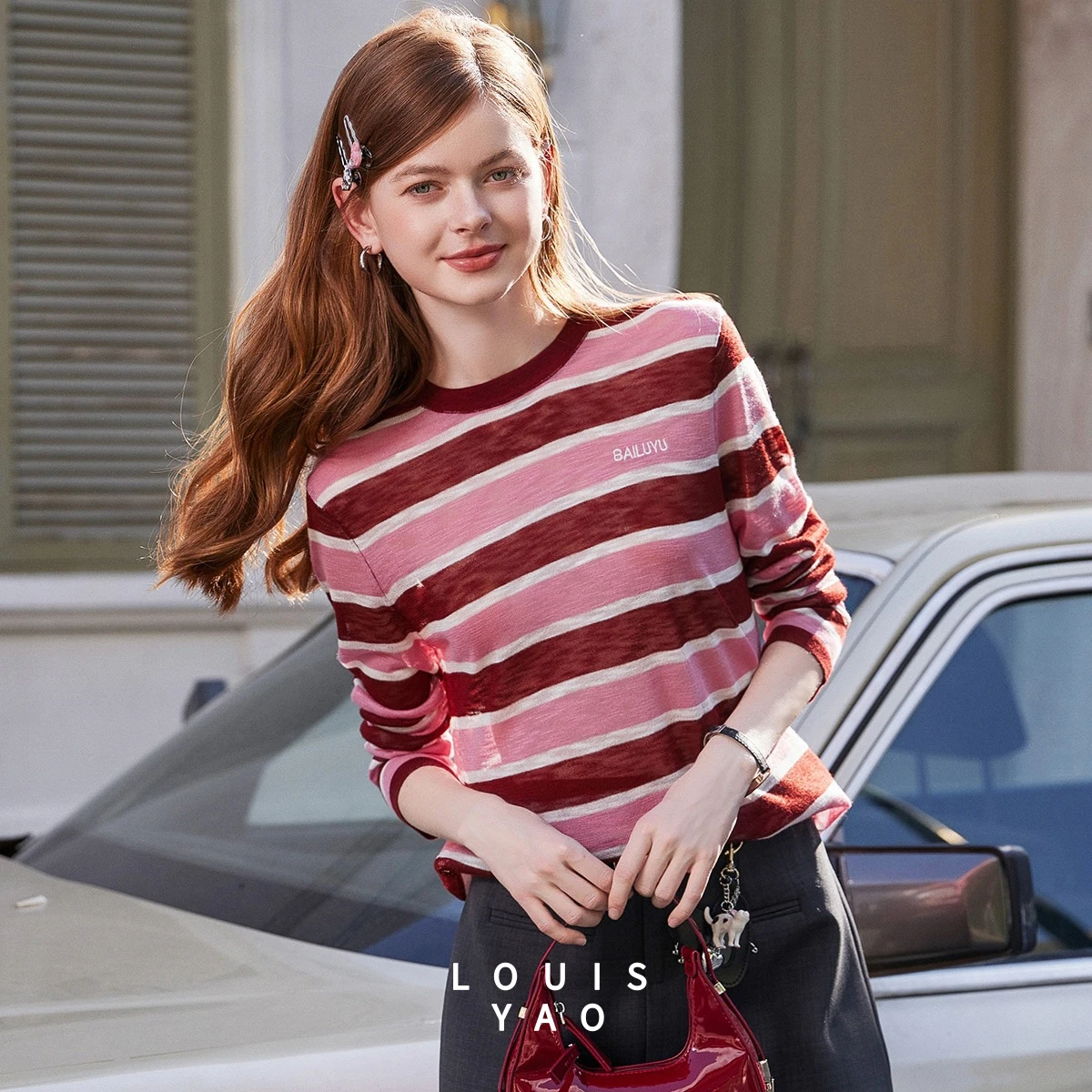

LOUISYAO 2026 Spring Women Lazy Style Striped Sweater Embroidery Color Block Stretchable Knitted Pullover Top