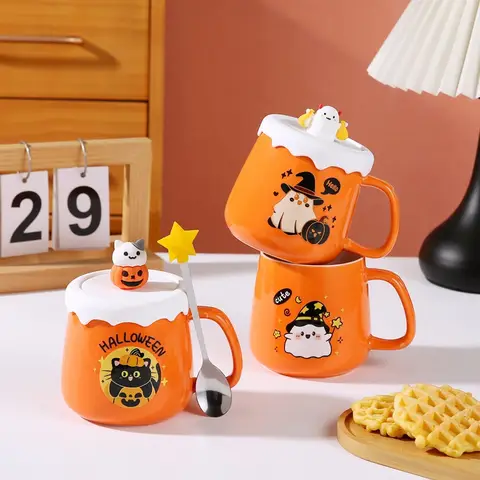 400ML Tea Mug Set with Lid Spoon for Water Juice Cute Cat Ghost Orange Halloween Ceramic Coffee Cup