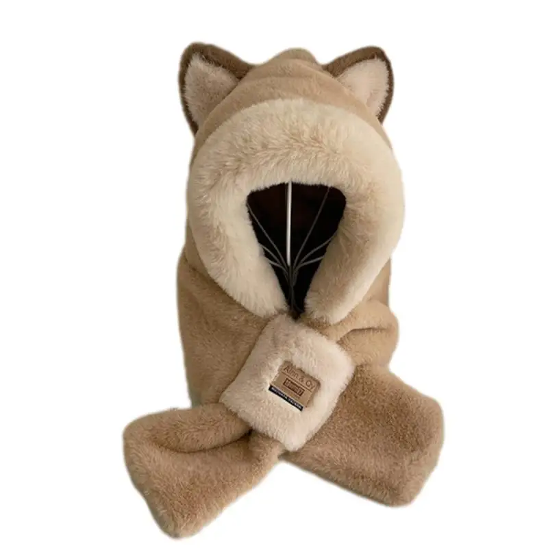 Conjunto de Gorro e Cachecol Feminino para Outono/Inverno, Quente, Forrado, com Capuz, Design Fofo e Antifrio