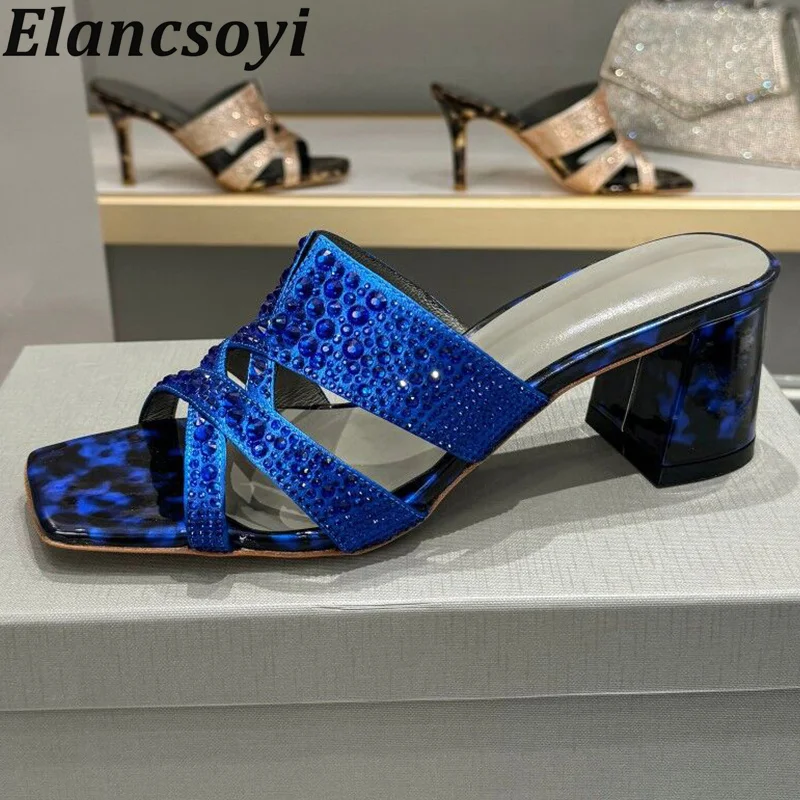 

Summer Women's Shiny Crystal Genuine Leather Slippers Exposed Toes Rhinestone Square Heels Sandals Beach Vacation Dress Shoes