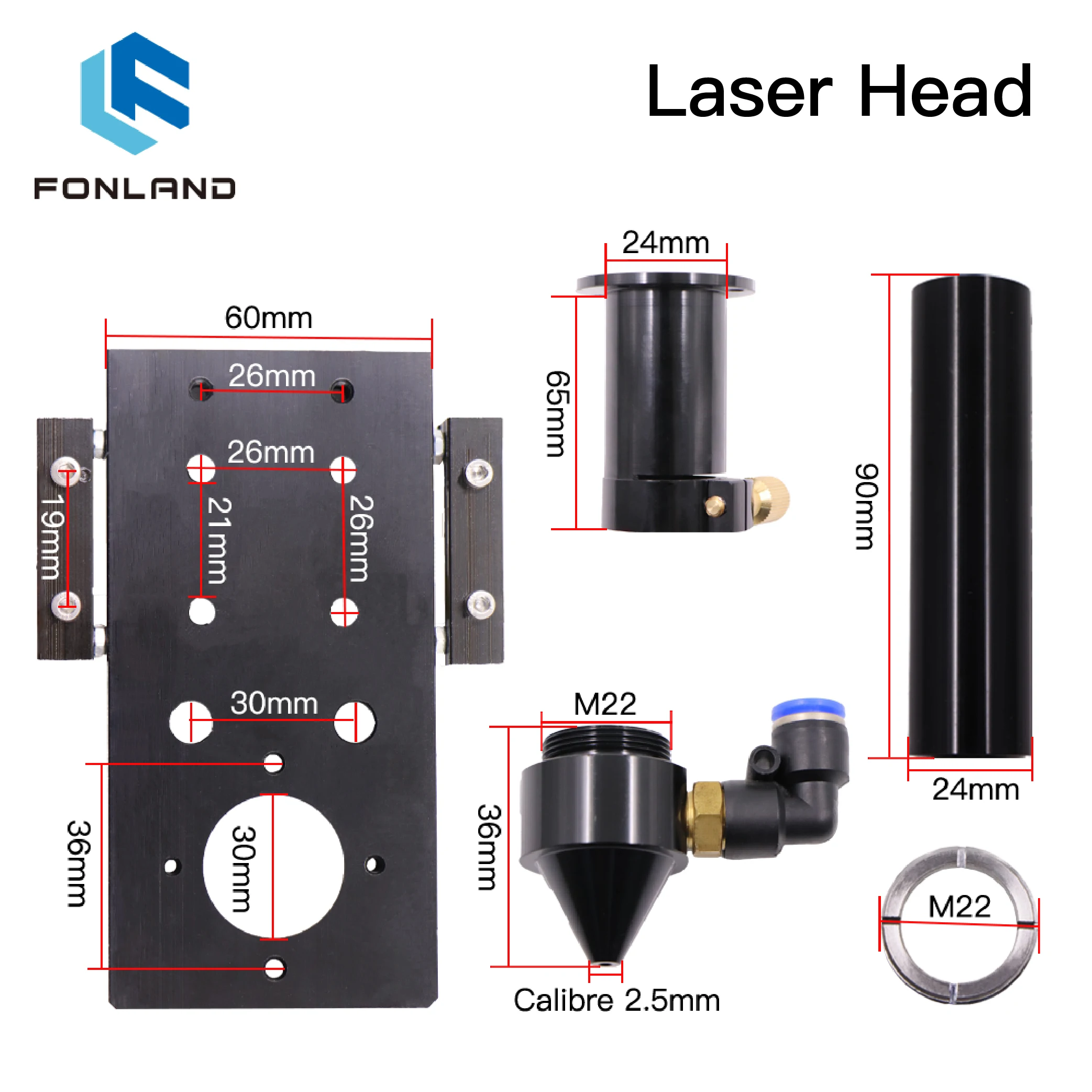 Imagem -02 - Fonland Cabeça do Laser do Co2 Dia.18 Fl38.1 & Dia.20 Fl50.8 63.5 101.6 mm Montagem para a Máquina de Corte da Gravura do Laser Preto