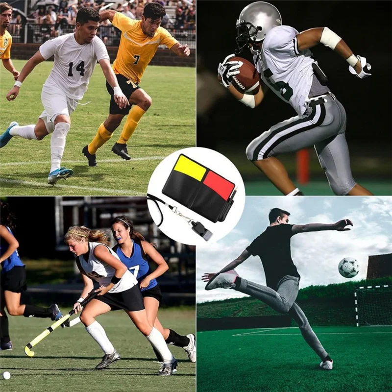 ABHS-rode en gele kaarten voor scheidsrechter in voetbalwedstrijd. Voetbalscheidsrechteruitrusting. Rode en gele waarschuwingskaarten