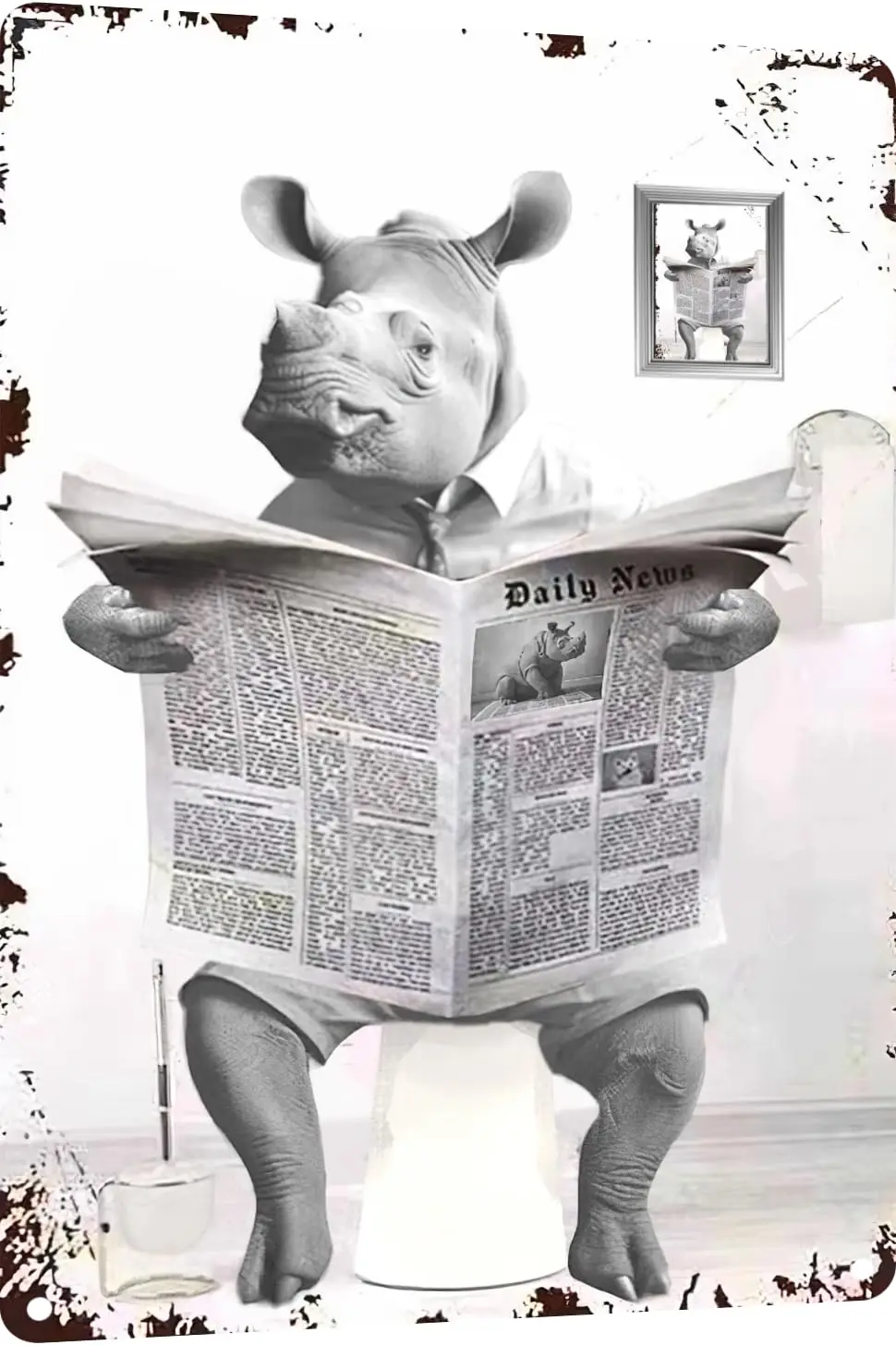 Metal Tin Sign Vintage Rhino Toilet Reading Newspaper Humour Funny Animal Whimsy Animal for Home, Bathroom and Toilet Wall Decor