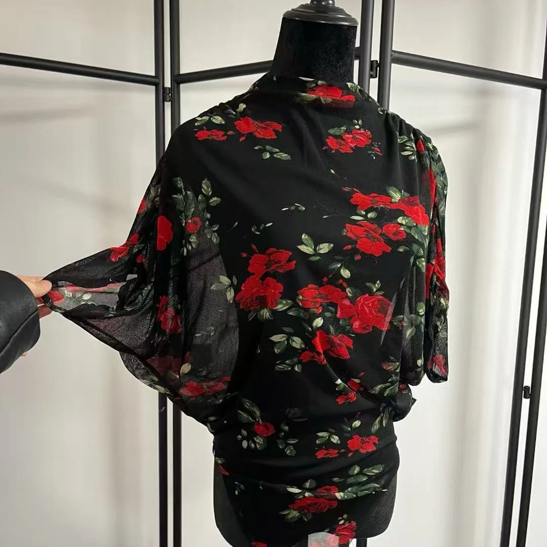 

Bat Sleeved Rose Mesh Latin Dance Tops Women Summer Latin Performance Costume Rumba Salsa Dance Clothes Practice Wear DNV23123