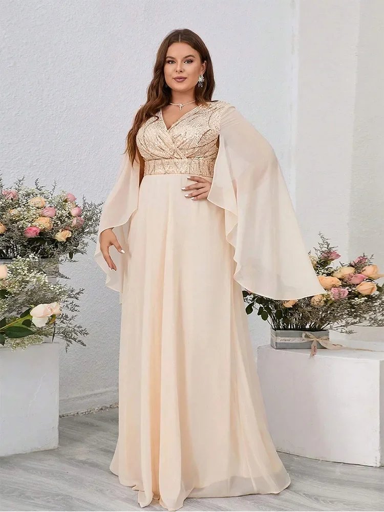 Plus Size V Neck  Sequin Loose Long Dress 5XL6XL Big Size Ruffled Black Chiffon Short Sleeve Summer Dress Women