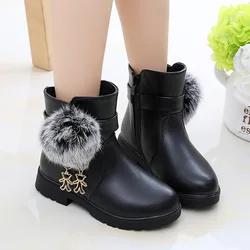 New Winter Girls Boots Real Fur Ball PU Leather Kids Snow Boots Warm Plush Sneakers Children Shoes