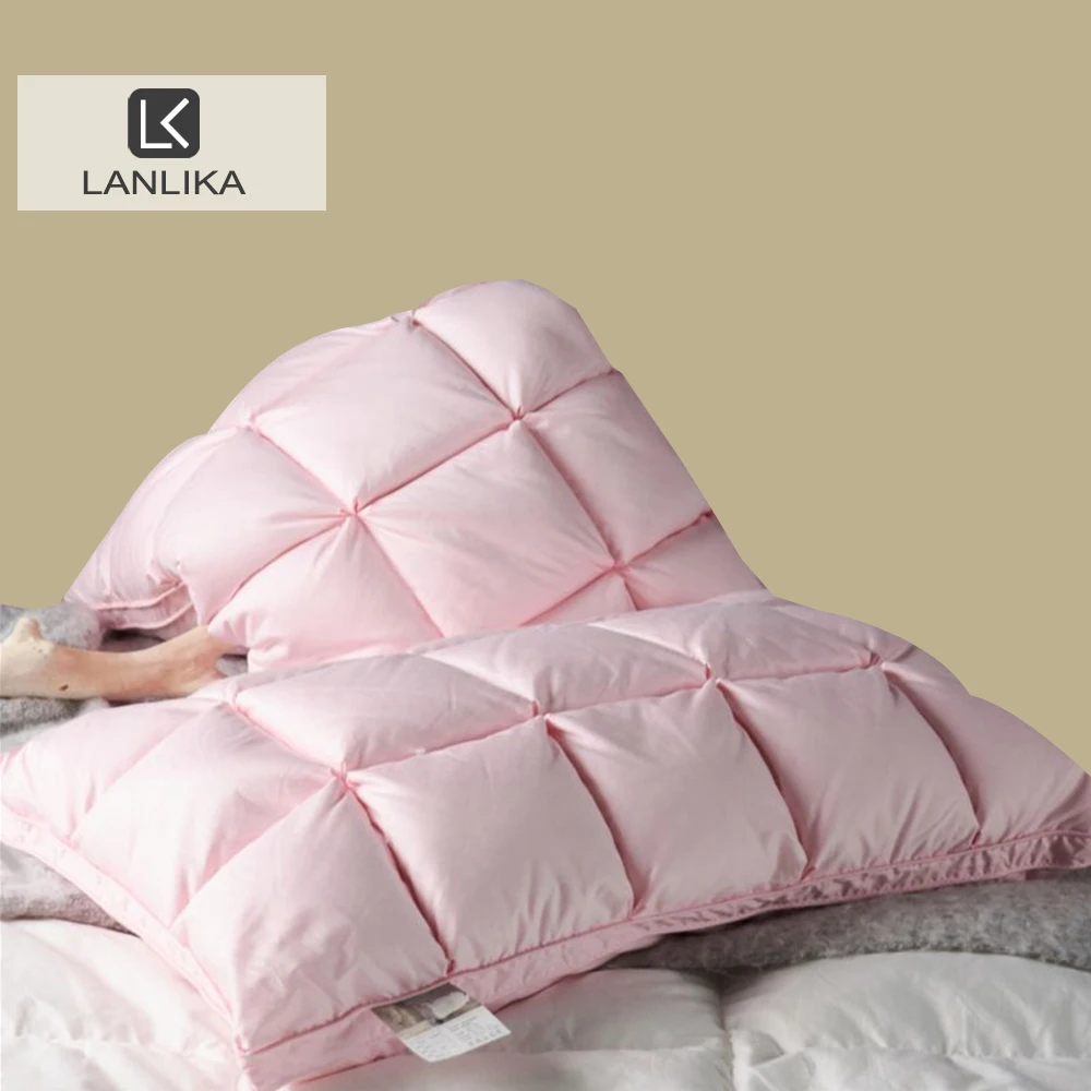 Lanlika Luxury Women Pink 100% Goose Down Pillow With Silk Cotton Shell Neck Pillows Queen King Bed Pillow For Sleep Gift 1PCS